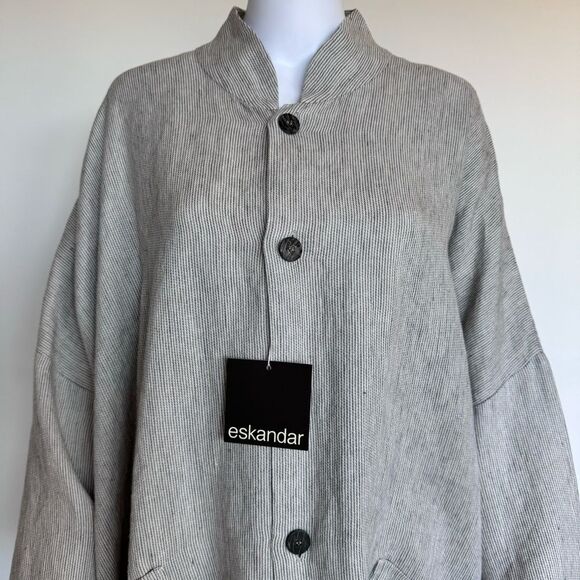 Eskandar Beachy STITCH EFFECT LINEN Stripe Blazer WIDE CHINESE COLLAR JACKET - Picture 4 of 16